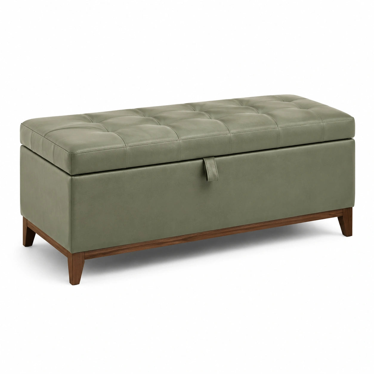 Banc de rangement en simili cuir vert avec pieds en bois de noyer