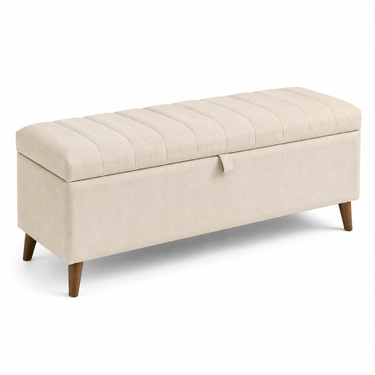 Banc de rangement en tissu beige avec pieds en bois 120x40x45 cm