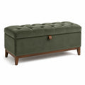 Banc de rangement en velours vert kaki avec pieds en bois