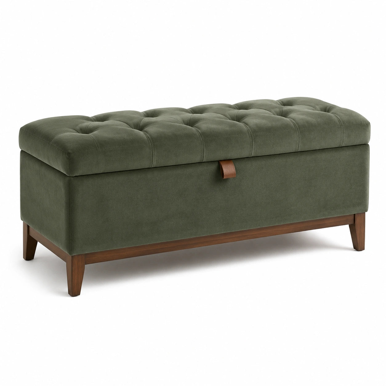 Banc de rangement en velours vert kaki avec pieds en bois