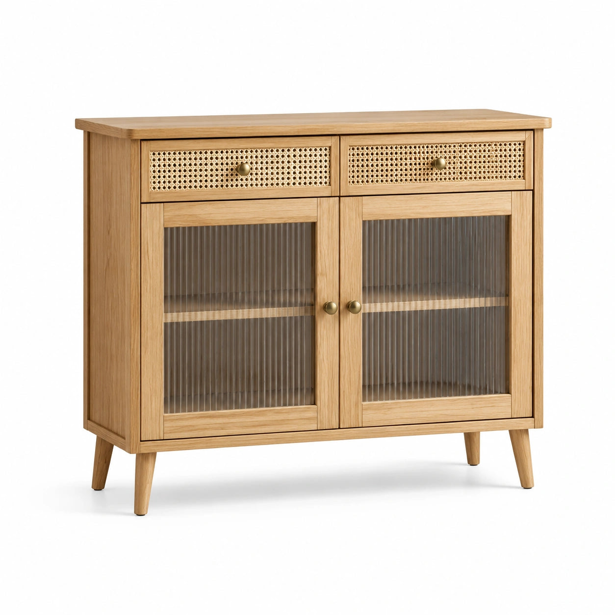 Buffet en bois avec portes en verre et tiroirs en rotin