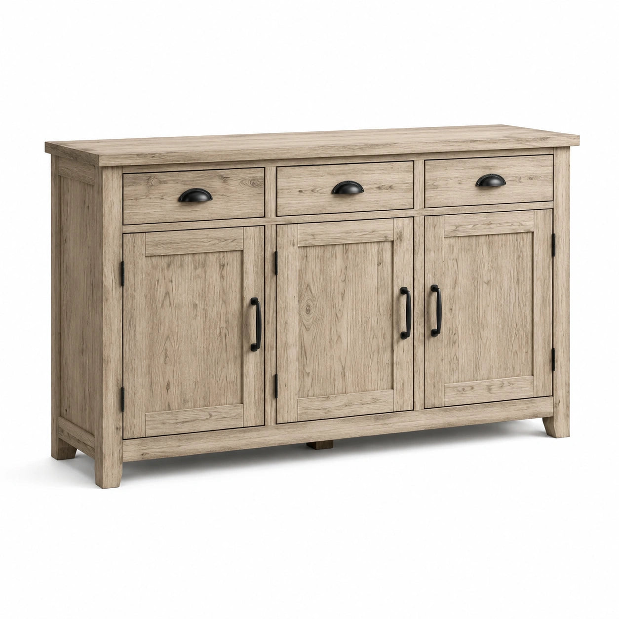 Buffet en bois chêne clair avec poignées métal, 80x150x40 cm