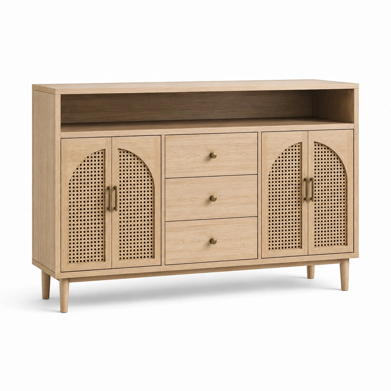 Buffet en bois avec portes en rotin et tiroirs