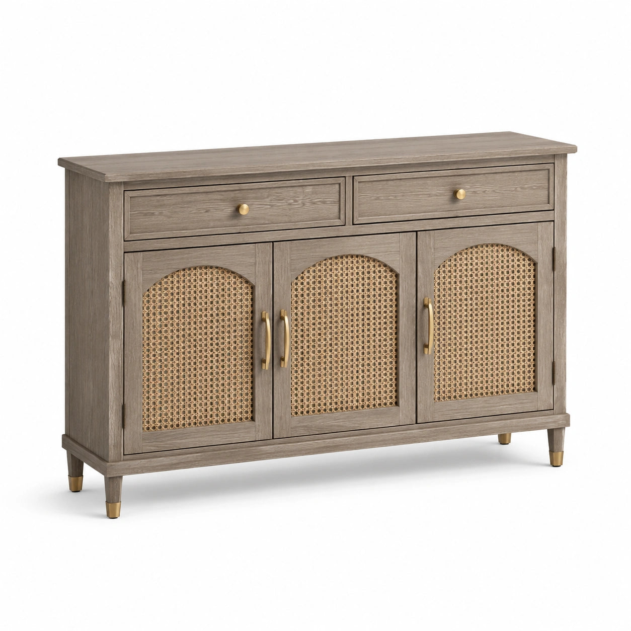 Buffet en bois de chêne clair et rotin, 76 cm x 150 cm x 40 cm