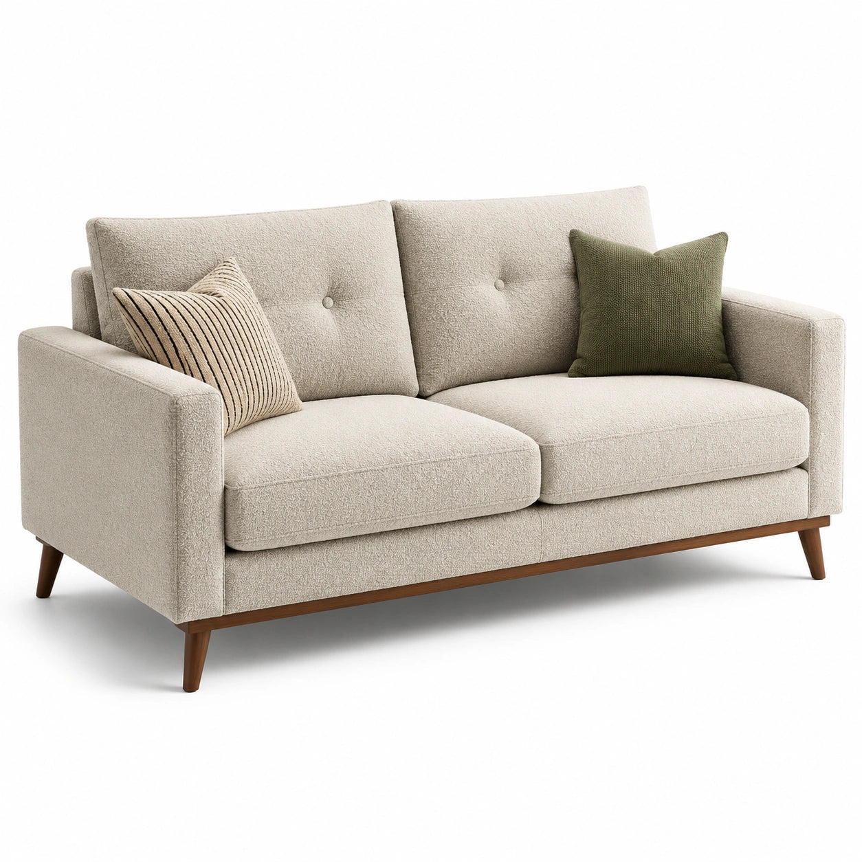 Canapé en tissu polyester beige avec pieds en bois massif