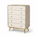 Commode en bois et métal à 5 tiroirs en tissu beige et doré