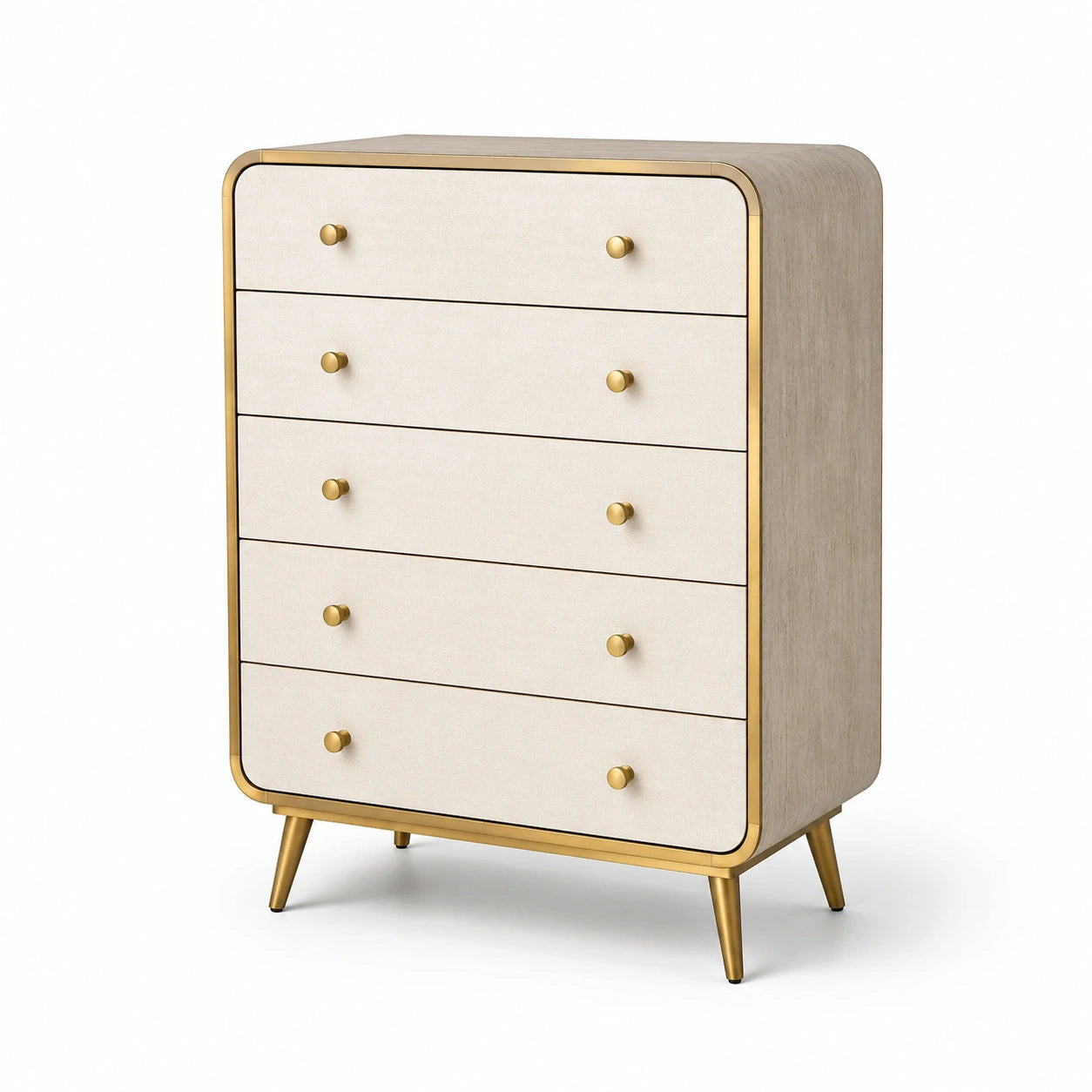 Commode en bois et métal à 5 tiroirs en tissu beige et doré