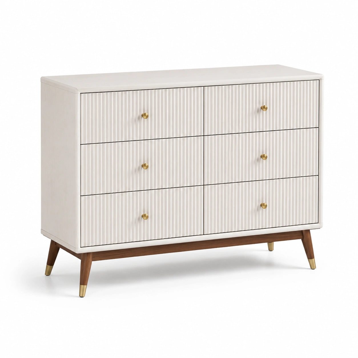 Commode 6 tiroirs en bois blanc et laiton poli