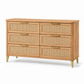 Commode en bois de chêne et rotin naturel avec 6 tiroirs