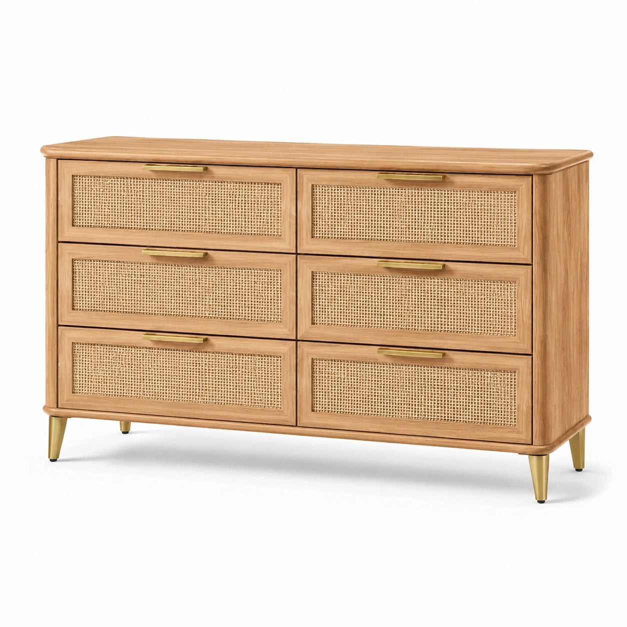 Commode en bois de chêne et rotin naturel avec 6 tiroirs