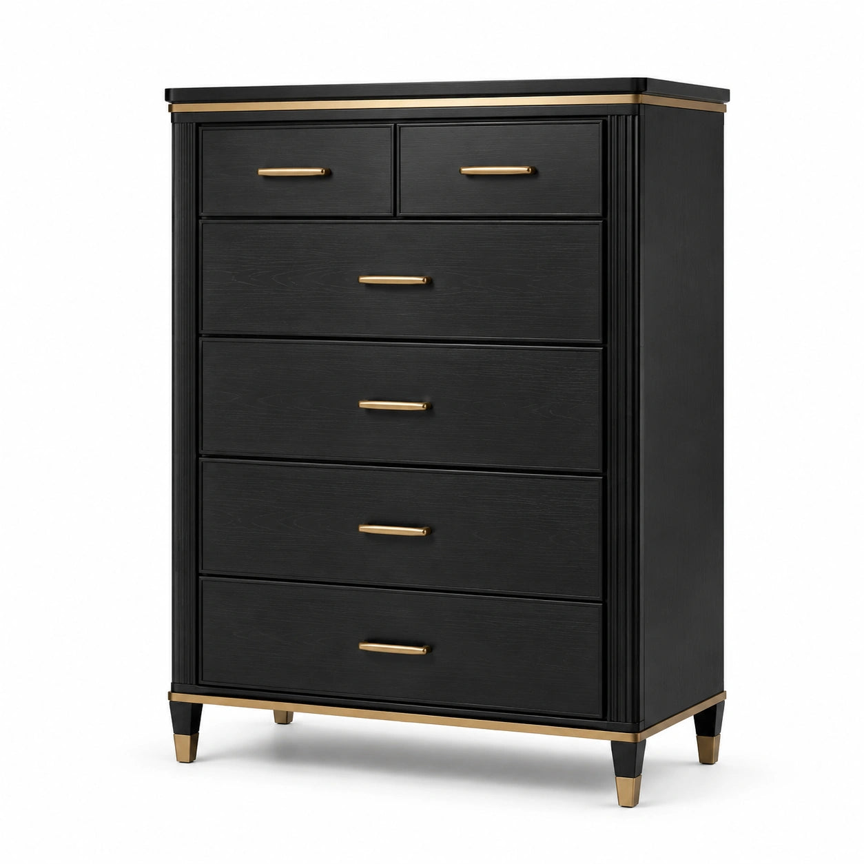 Commode à 5 tiroirs en bois noir avec poignées en acier inoxydable doré 120x80x45 cm