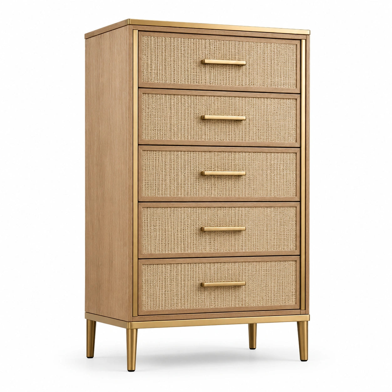 Commode en bois à 5 tiroirs avec façades en rotin