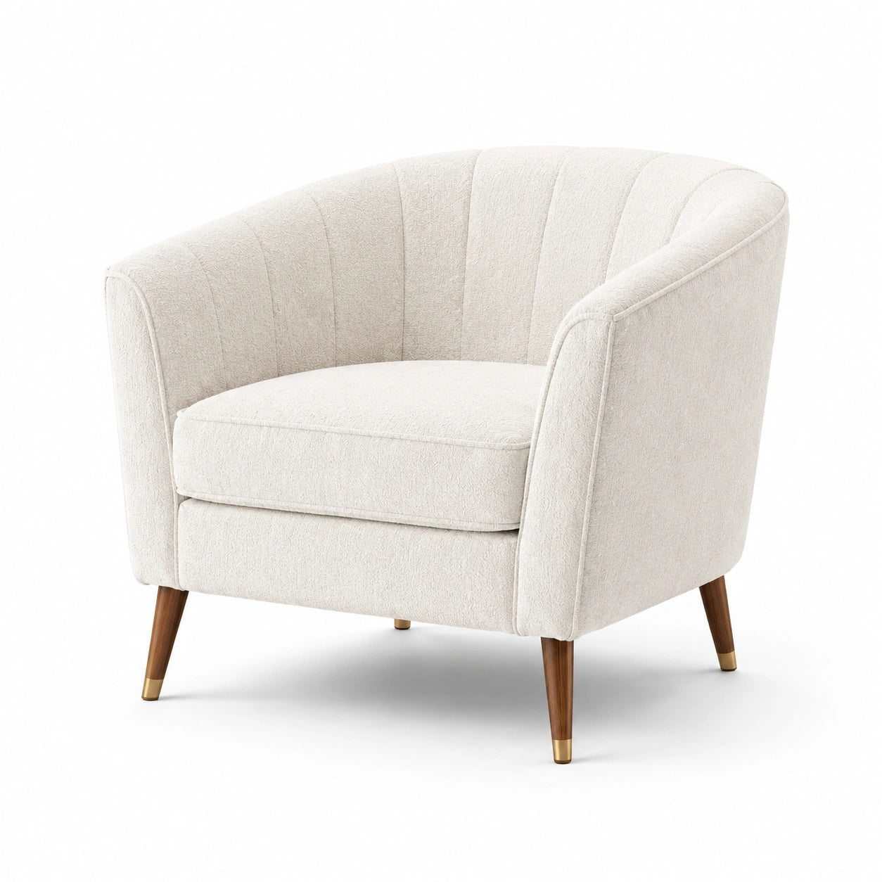 Fauteuil cabriolet en tissu bouclé beige avec pieds en bois et métal