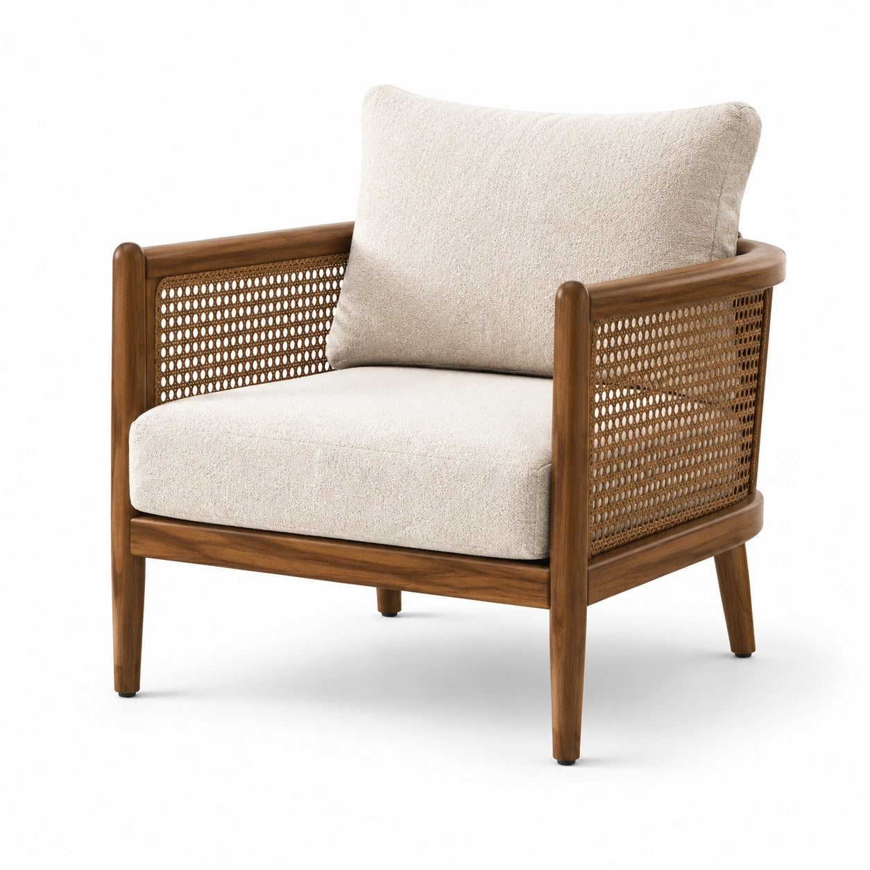 Fauteuil en bois et rotin avec coussins en tissu beige
