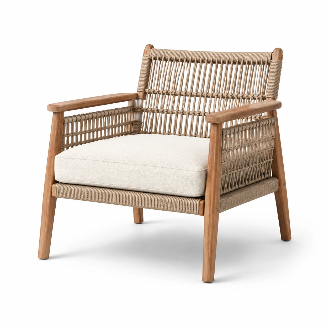 Fauteuil en bois et rotin avec coussin en coton beige 80x75x80 cm