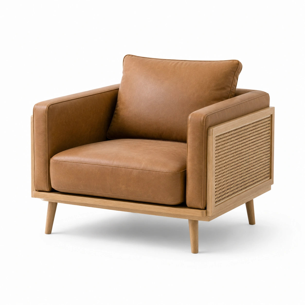 Fauteuil en cuir synthétique brun avec structure en bois et rotin