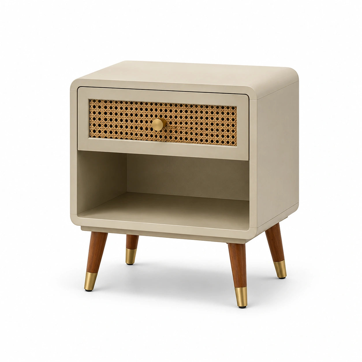 Table de chevet en bois beige avec tiroir en rotin et pieds en bois