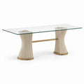 Table de salle à manger en verre trempé transparent avec pieds en bois MDF et métal