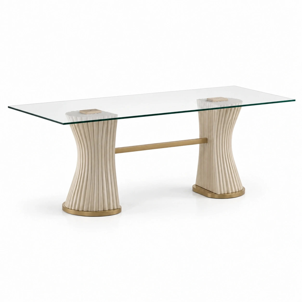 Table de salle à manger en verre trempé transparent avec pieds en bois MDF et métal